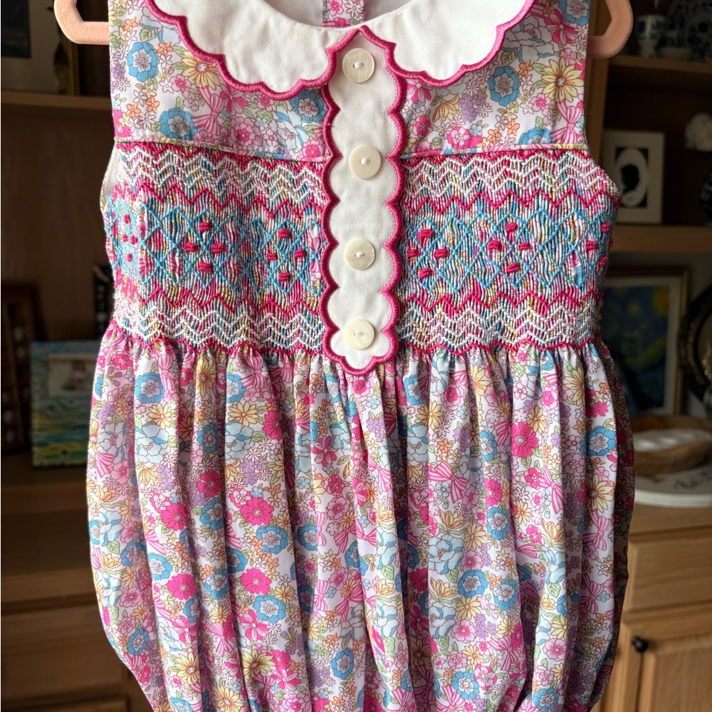 Girls Floral Smocked Romper in Pink and Blue